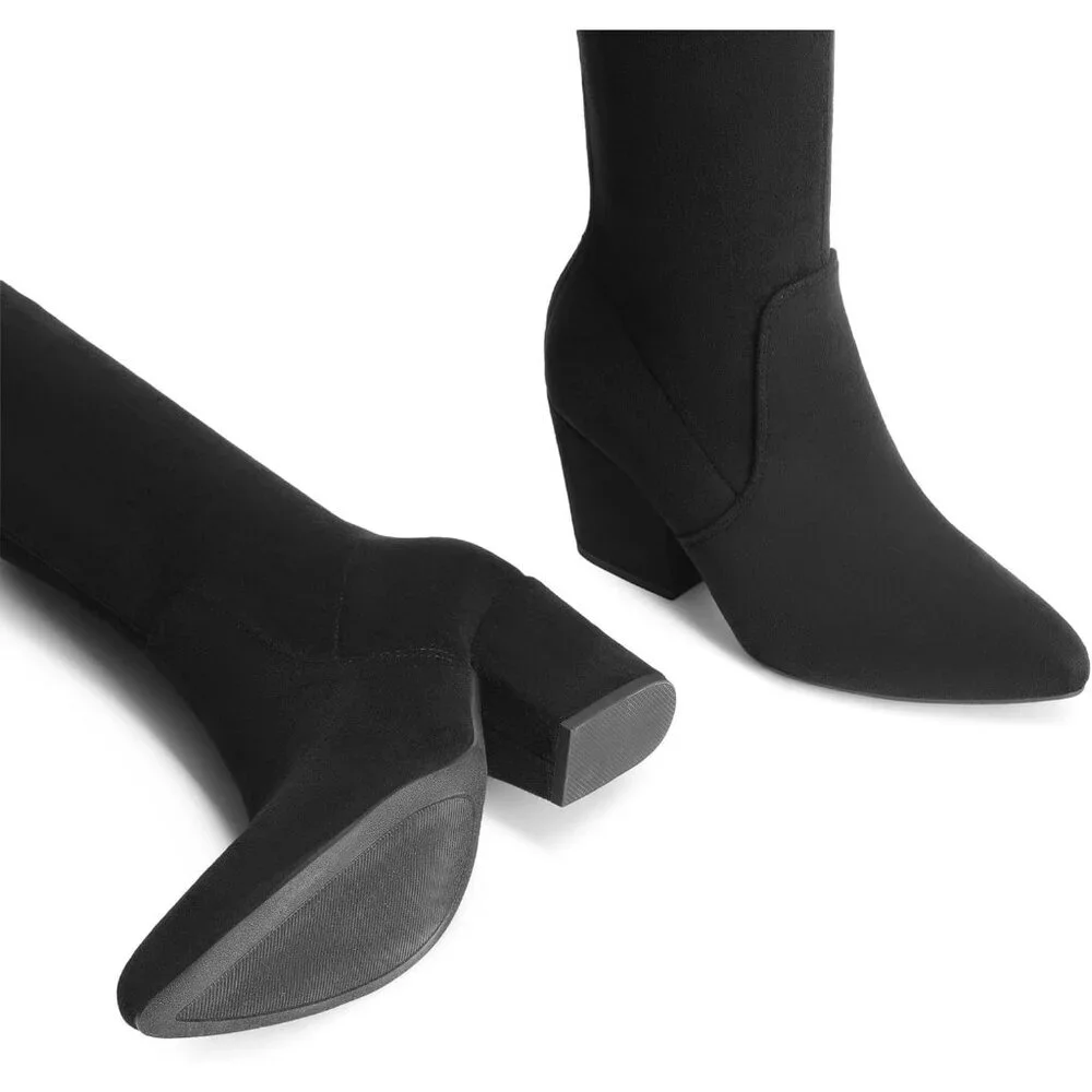 Women's Black-Suede Thigh High Knee Chunky Pointed Toe Long Block Heel Boot